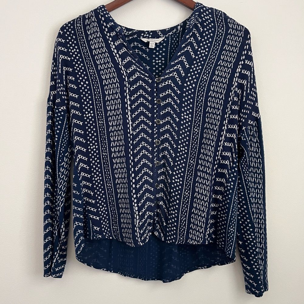 Lucky Brand Boho Navy Blue Pattern Long Sleeve Top | Size XS